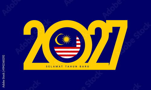 Template design for New Year 2027 celebration with Malaysian flag on blue background.