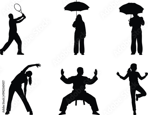 People activity silhouettes collection including tennis player, umbrella standing person, stretching exercise and dancing poses, human action vector set isolated on white background