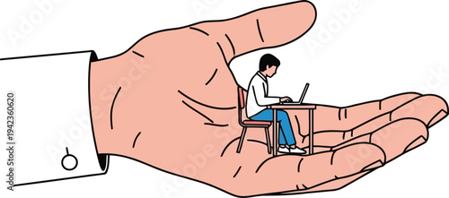 Employee Care and Support Concept with Businessman Working in Large Open Hand