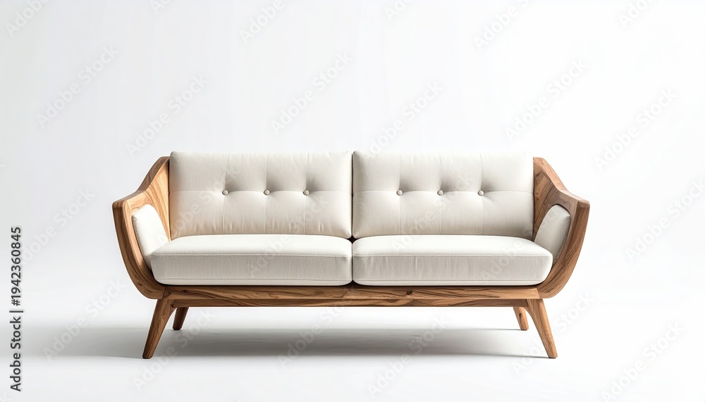 Fototapeta premium Modern two-seater couch wooden frame, ivory cushions, simple design