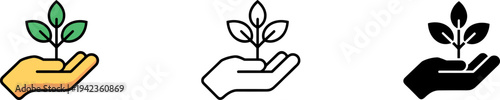 Plant in hand eco care icons set, environmental protection symbol collection, green growth support concept, sustainability and nature conservation vector isolated on white background