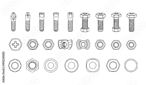 Industrial screws bolts nuts and washers black vector illustration set