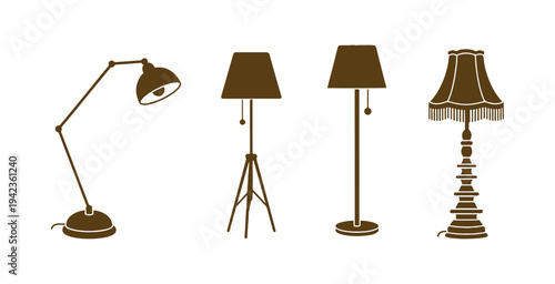 Standing floor lamp icon set, four minimal symbols perfect for apps, websites, and printing.