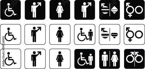 Public signage icons for accessibility, gender, restroom directions, black and white symbols, universal design, information graphics, inclusive communication illustration