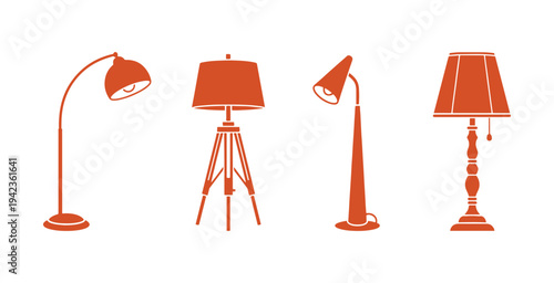 Collection of 4 floor lamp icons, minimal vector elements for web, app, and print design.