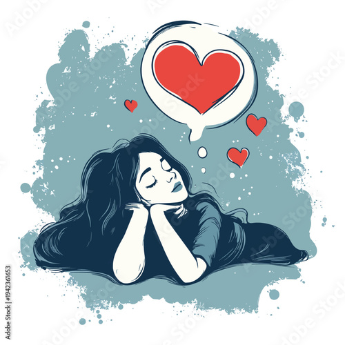 A person lying down and thinking about love with a heart in a thought bubble. , vector style simple color