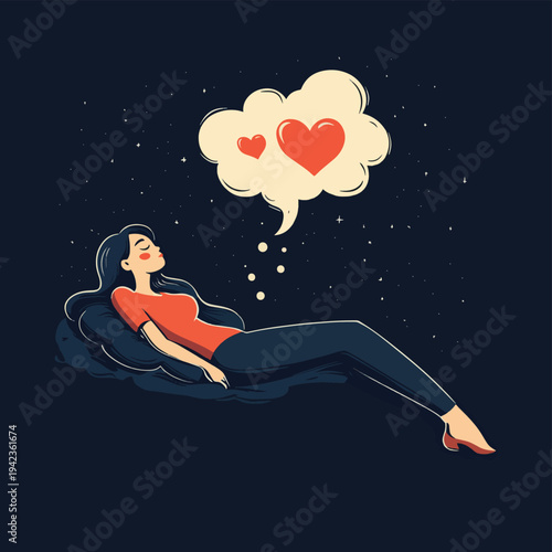 A person lying down and thinking about love with a heart in a thought bubble. , vector style simple color