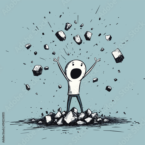 A stick figure man is overwhelmed by a barrage of rocks being thrown at him. , vector style simple color