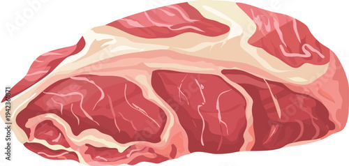 Raw beef meat illustration, fresh red steak cut with marbling fat texture for butcher shop food ingredient design