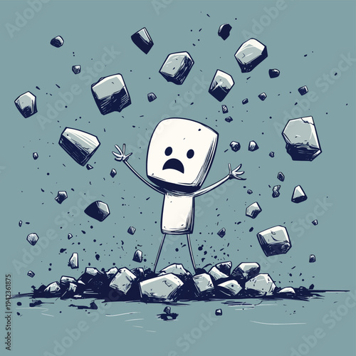A stick figure man is overwhelmed by a barrage of rocks being thrown at him. , vector style simple color
