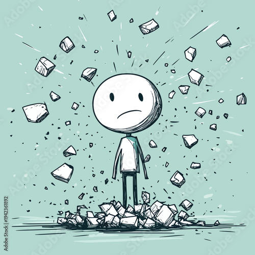 A stick figure man is overwhelmed by a barrage of rocks being thrown at him. , vector style simple color