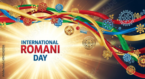 Vibrant International Romani Day celebration with colorful ribbons and flowers