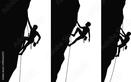 Rock climber silhouette set, mountaineering adventure sport illustration, climber scaling cliff with rope, outdoor extreme activity, mountain climbing concept