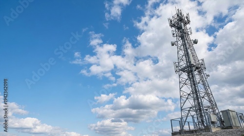 Telecommunication tower or mobile phone tower on clouds sky background