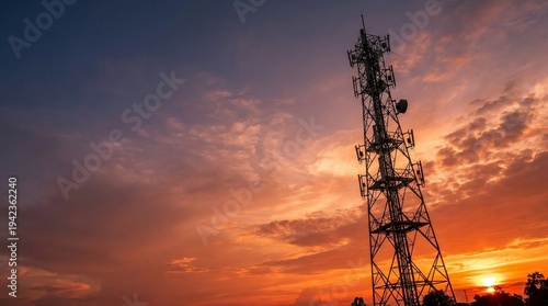 Telecommunication tower or mobile phone tower on sunset sky background