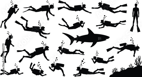Scuba diver silhouettes underwater, shark silhouette, coral reef illustration, marine exploration, diving positions, ocean adventure, aquatic life, snorkeling, scuba diving