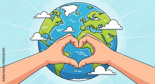 Hands forming heart shape around the earth with clouds and sun rays on a light blue background symbolizing love and care for the planet