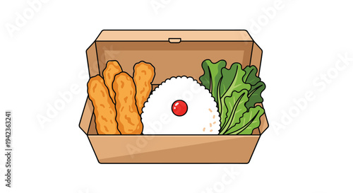 An open brown cardboard takeout box holds four fried chicken strips, a mound of white rice, and fresh green lettuce leaves.