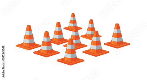 Ten orange and white striped traffic cones are precisely arranged in a pyramid formation on a clean white surface from an isometric view.