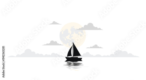 A minimalist illustration features a lone black sailboat silhouetted on calm water under a large pale moon and soft grey clouds.