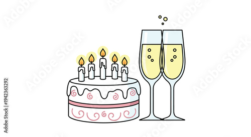 A cheerful illustration showcases a festive white birthday cake with five lit candles next to two tall champagne glasses on a clean background.