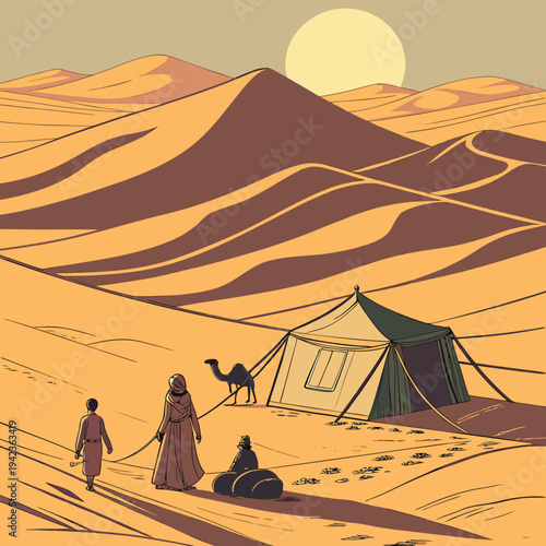 Nomadic Desert Family Life with Camel Caravan at Sunset