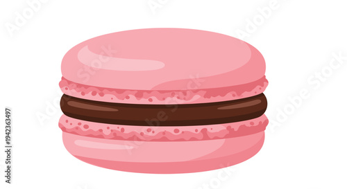A delightful single pink macaron cookie featuring textured shells and a thick chocolate filling is displayed prominently on a clean white backdrop.