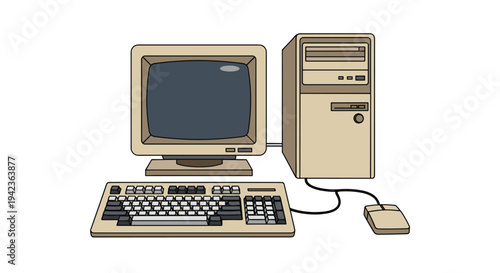 A classic beige desktop computer system with a large CRT monitor, a wired keyboard, and a mouse is displayed on a plain white background.