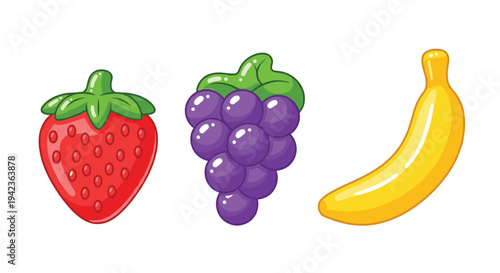 Three vibrant, stylized cartoon fruits, including a red strawberry, a bunch of purple grapes, and a yellow banana, are arranged on a pristine white background.
