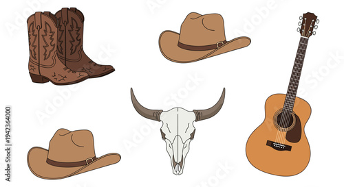 A collection of five distinct Western-themed items including cowboy boots, hats, a bull skull, and an acoustic guitar is scattered.