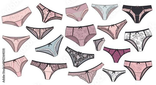 A diverse collection of eighteen women's lace and cotton underwear pieces in various styles and pastel colors is neatly arranged on a clean white surface.