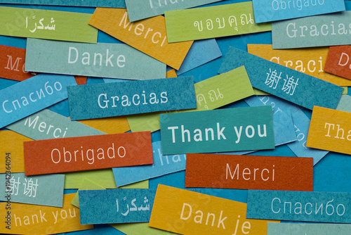 Schilderij op canvas thank you in many different languages, gratitude concept, word thank you on colo