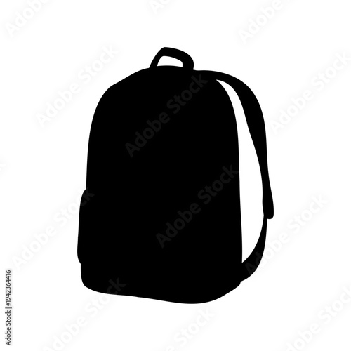 Black silhouette of a classic backpack, standing upright on a white background