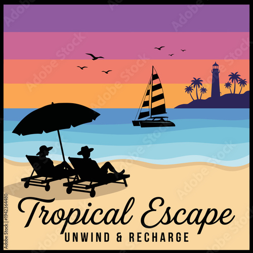 A tranquil tropical escape showcasing a beautiful beach with sun loungers, an umbrella, and a sailing boat, embodying relaxation and rejuvenation in paradise.