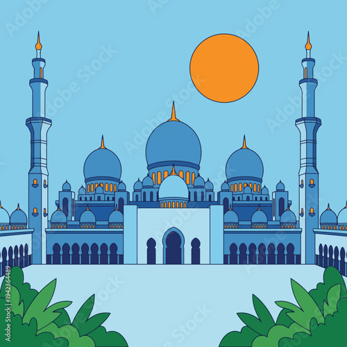 A stunning illustration of a grand mosque with blue domes and minarets, set against a bright sky with a vibrant sun, showcasing architectural beauty and serenity.