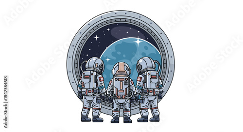 Three astronauts in white and grey suits stand with their backs to the viewer, looking out a circular spaceship window at a blue planet.
