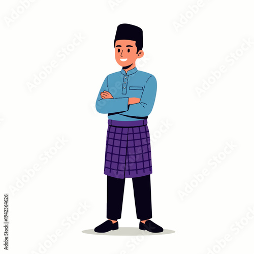 Harmony in Tradition: A depiction of a man confidently embodying tradition with a warm smile, adorned in his customary attire, his gaze forward, and his arms crossed.