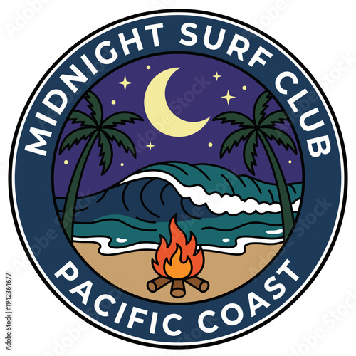 Featuring a tranquil night scene with a campfire, surf waves, and a crescent moon, this logo captures the adventurous spirit of night surfing and beach gatherings.