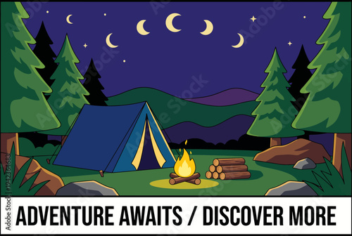 A serene camping scene depicts a blue tent by a warm campfire surrounded by tall trees, reflecting the beauty and peace of nature under a starlit sky.