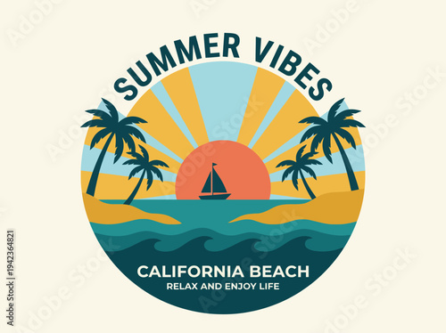A colorful beach graphic showcasing palm trees and a sailboat against a vibrant sunset, embodying the relaxing and carefree spirit of summer in California.