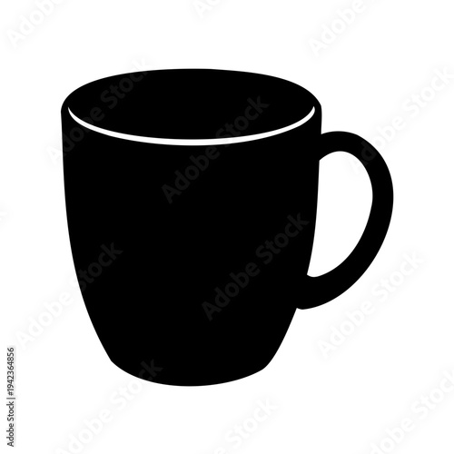 Monochrome image displaying a simple black mug on a white background