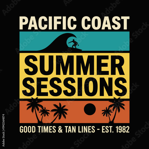 A lively summer-themed design featuring warm colors and surfer graphics, representing the spirit of coastal adventure and beach gatherings on the Pacific coast.