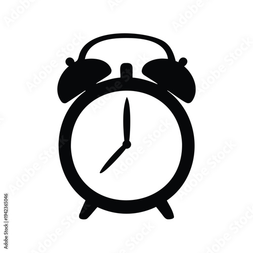 Black silhouette of a classic alarm clock on a white background
