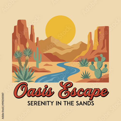 A tranquil oasis scene features a winding river through majestic rock formations and vibrant flora, evoking feelings of serenity and calm in a beautiful desert environment.