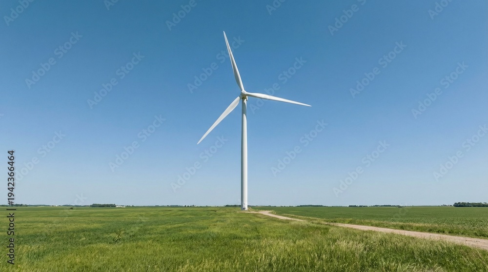 Fototapeta premium Wind Turbine Power: A colossal wind turbine gracefully harnesses the power of the wind in a vast, verdant field under a bright, cloudless sky.