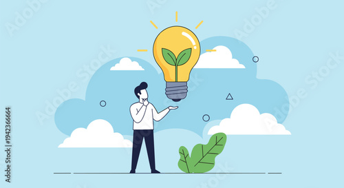 Young man thinking and presenting a large lightbulb with green leaves inside symbolizing green energy and sustainable ideas.