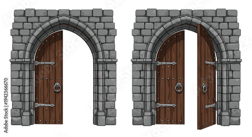 Medieval stone archway with heavy wooden doors shown in both closed and open positions on a plain white background in vector art.