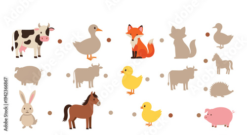 Educational farm animal game for children featuring matching cartoon animals with their correct silhouette shadows.
