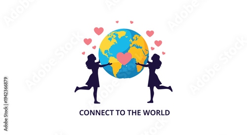 Two women silhouettes holding a heart and reaching towards a globe with hearts floating around and text at the bottom.