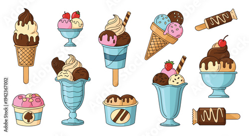 Variety of ice cream treats including cones, sundaes, popsicles, and cups with different flavors, toppings, and fruit.